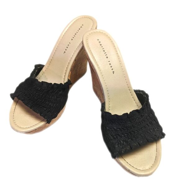 Charlotte Russe cork wedge sandals, black ruffled fabric top, 4" heel, size 8 - Picture 1 of 5